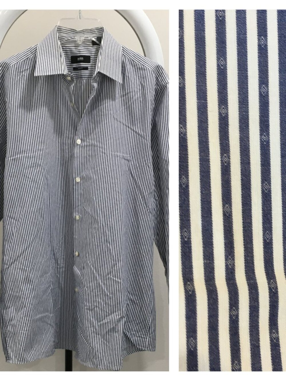 HUGO BOSS Slim Fit White Blue Striped Woven Long Sleeve Button Shirt